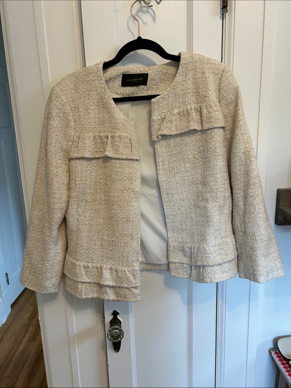 Ann Taylor Factory Cream Ruffle-Trim Tweed Jacket